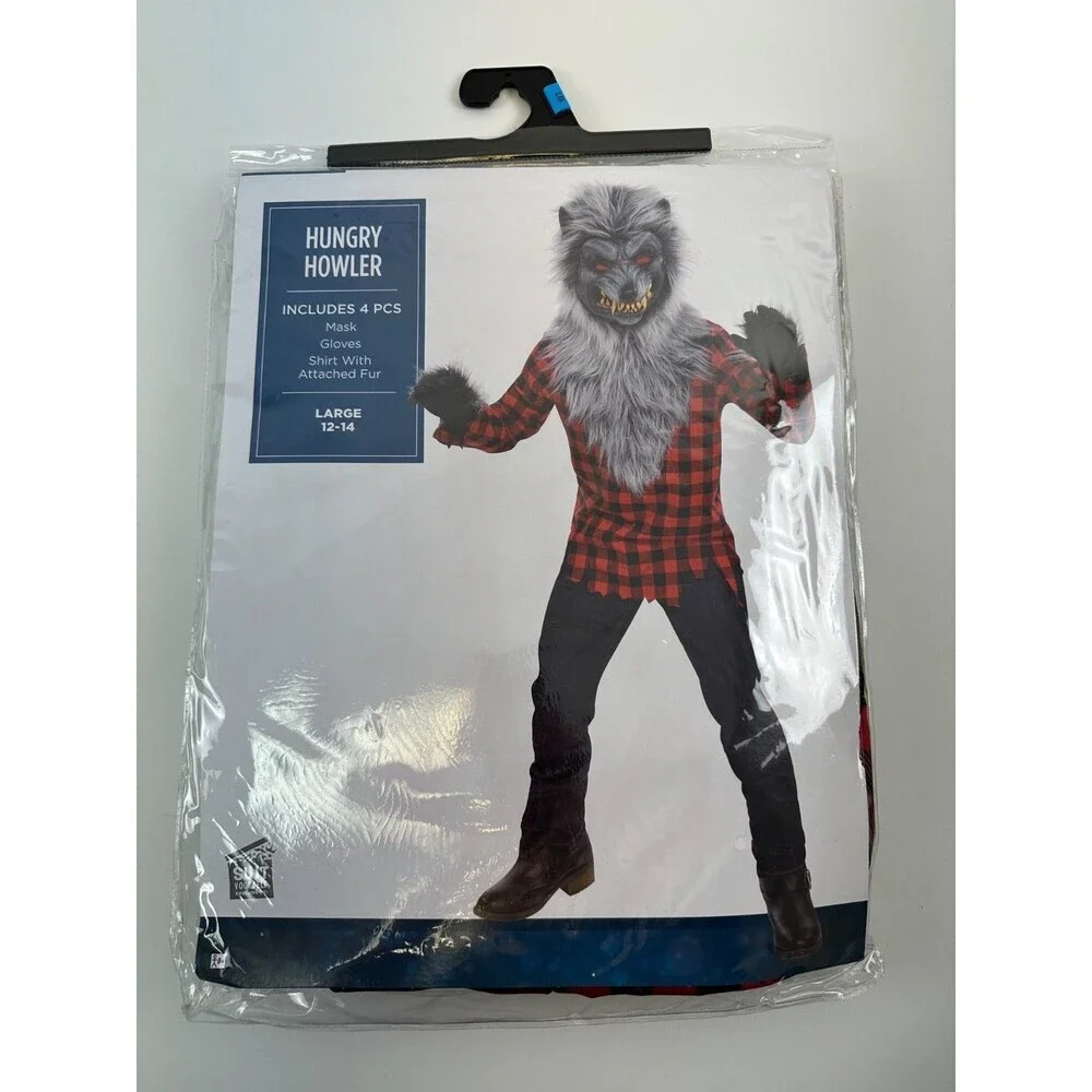 Hungry Howler Werewolf Costume Kids Large 12-14 Mask Gloves Shirt Fur New Tags